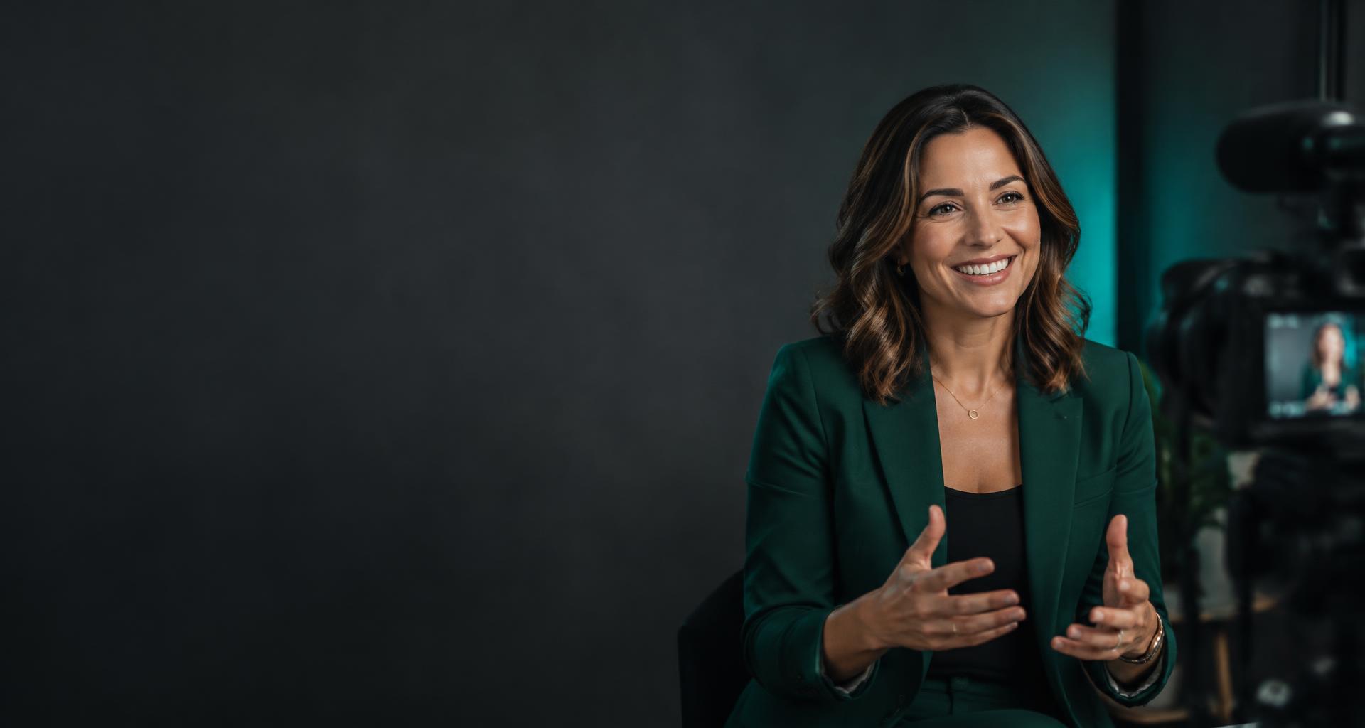 An illustrative consultant sharing her story in a professional recording studio